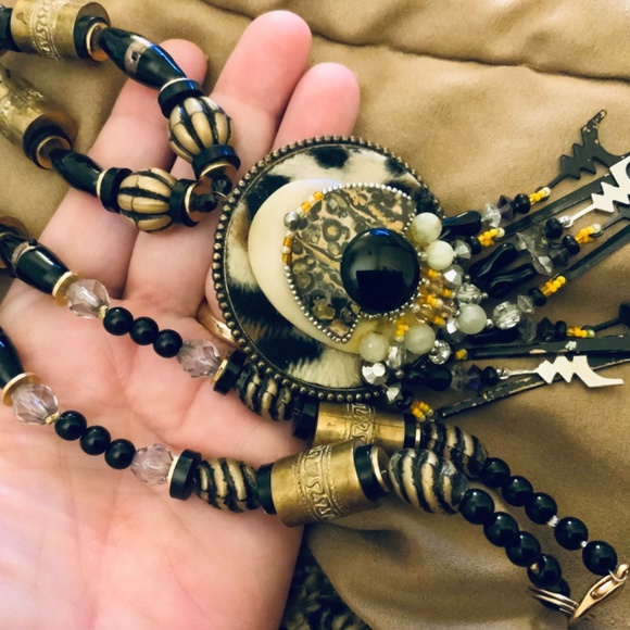 HANDMADE VINTAGE PENDANT STATEMENT NECKLACE Onyx/LEOPARD STONE VINTAGE BRASS - Picture 11 of 11